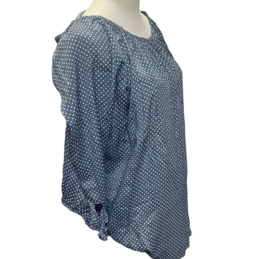 Plus Size Polka Dot Tunic Top 1X Blue White Peasant Blouse Boho - Picture 3 of 6